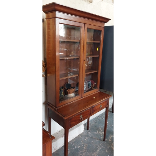 222 - Edwardian Mahogany Bookcase with Glazed Doors on a Tapered Leg 2-Drawer Base - C.84cm W x 39cm D x 1... 