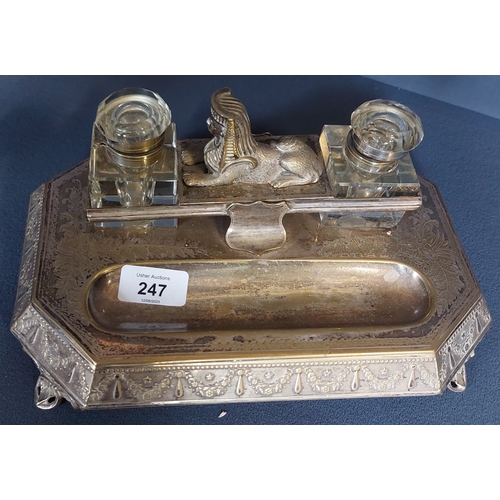 247 - Silver Plate Desk Inkwell Set with Sphynx Motif and 2 Glass Ink Bottles