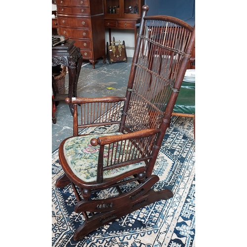 254 - Victorian Oak Rocking Armchair with Tapestry Covered Seat and Stick Back