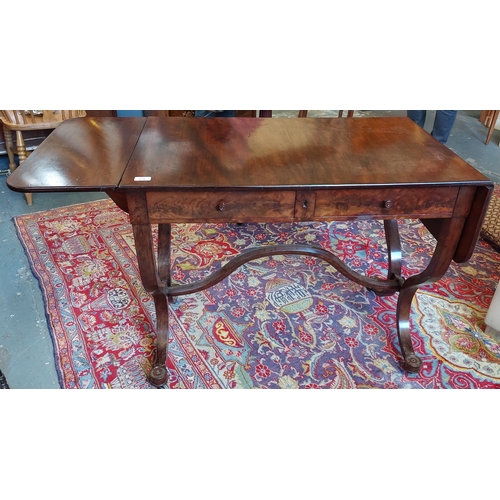 270 - Mahogany Drop Leaf Sofa Table with Scrolling Stretcher Base on Castors - C. 96cm W x 59cm D x 77cm H