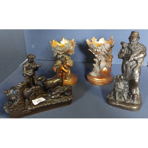 283 - 2 Genesis Farm Figures & a Pair of Cherub Candle Holders