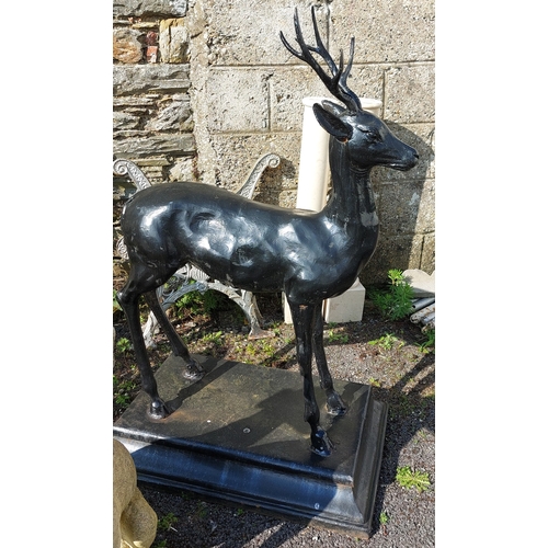 329 - Heavy Cast Iron Model of a Deer on Rectangular Plinth Base - C. 130cm H