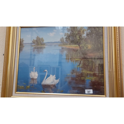 397 - Pair of Gilt Framed Lake Scenes with Swans