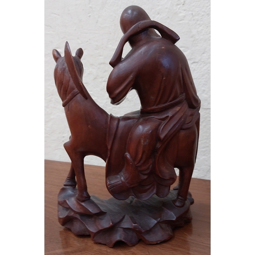 405 - Carved Wooden Oriental Horse & Rider