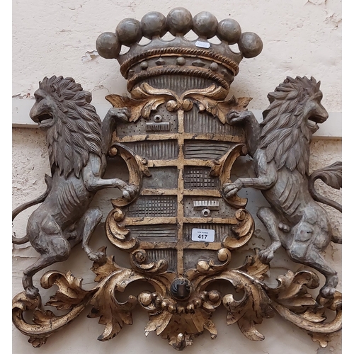 417 - Pair of Carved Gilt Heraldry Crests with Crown & Lions - C. 60cm x 60cm