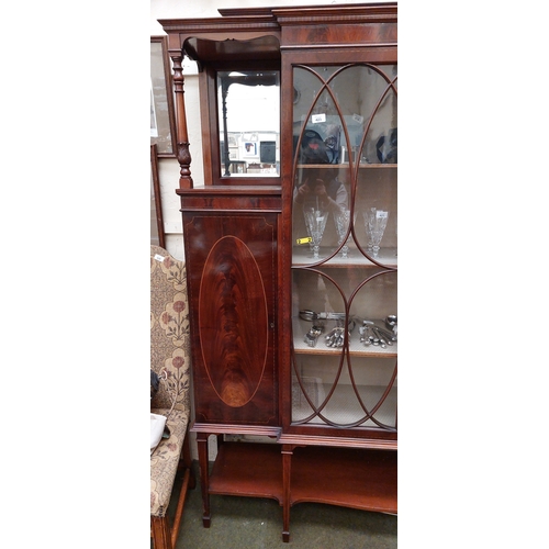 423 - Edwardian Flamed Mahogany Inlaid Breakfront 2-Door Display Cabinet - C. 155cm W x 44cm D x 198cm H