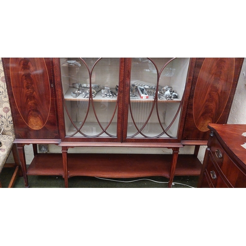 423 - Edwardian Flamed Mahogany Inlaid Breakfront 2-Door Display Cabinet - C. 155cm W x 44cm D x 198cm H