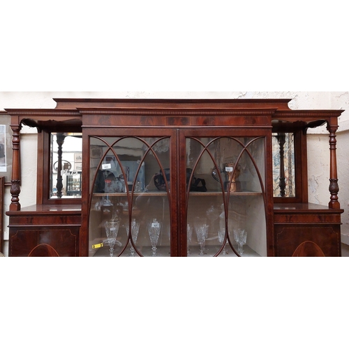 423 - Edwardian Flamed Mahogany Inlaid Breakfront 2-Door Display Cabinet - C. 155cm W x 44cm D x 198cm H