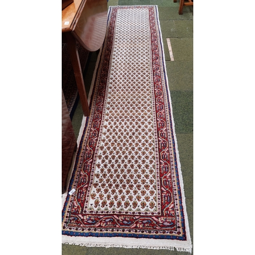 427 - Cream & Red Persian Hand Knotted Vintage Runner Rug - C. 340cm x 72cm