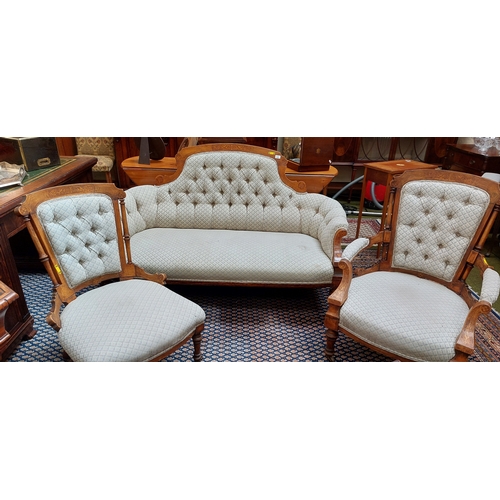 435 - Victorian Inlaid Walnut Deep Button Upholstered Parlour Suite - Couch and 2 Armchairs