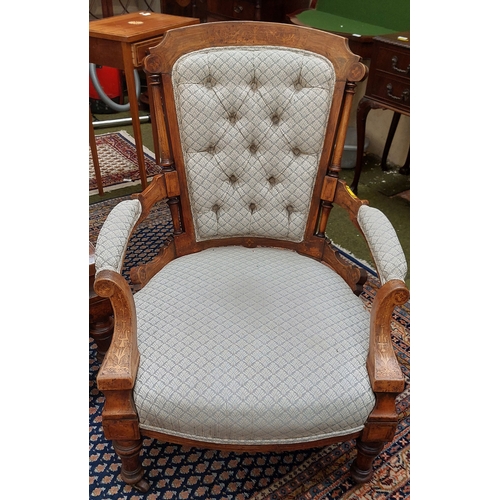 435 - Victorian Inlaid Walnut Deep Button Upholstered Parlour Suite - Couch and 2 Armchairs