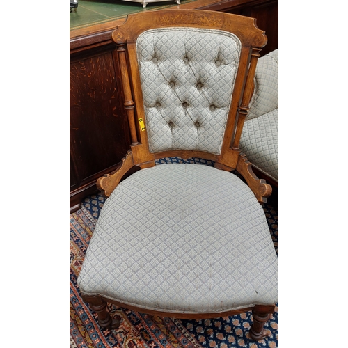 435 - Victorian Inlaid Walnut Deep Button Upholstered Parlour Suite - Couch and 2 Armchairs