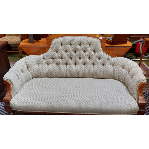 435 - Victorian Inlaid Walnut Deep Button Upholstered Parlour Suite - Couch and 2 Armchairs