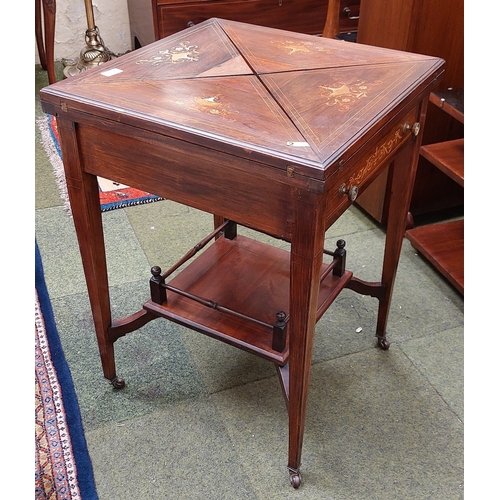 437 - Rosewood Inlaid Envelope 2-Tier Card Table - C. 55cm x 55cm x 69cm H