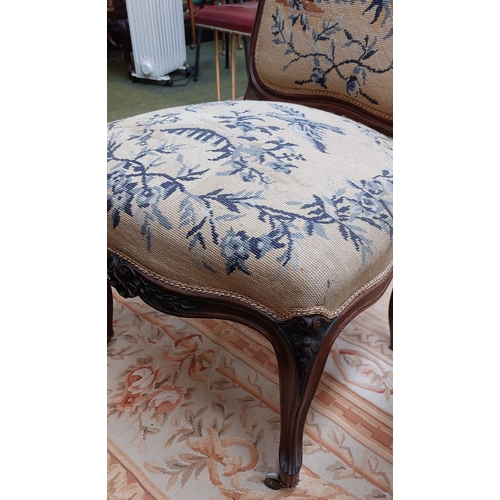 449 - Victorian Mahogany Carved Chair with Tapestry Cover and Brass Castors on the Front Legs