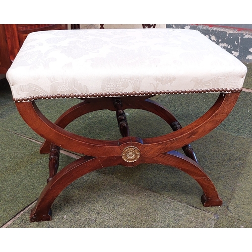 451 - Mahogany X-Frame Stool with Brass Mount - C 46cm H x 57cm W x 39cm D