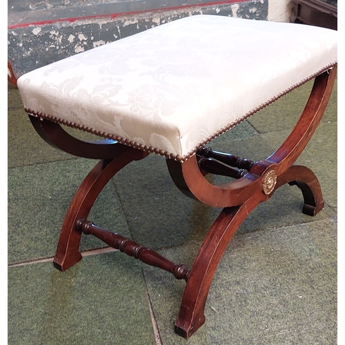 451 - Mahogany X-Frame Stool with Brass Mount - C 46cm H x 57cm W x 39cm D