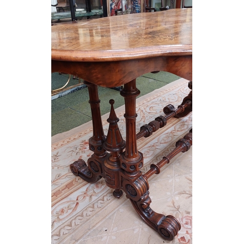 457 - 19th Century Inlaid Burr Walnut Centre Table on Double Scrolled Legs with Turned and Carved Stretche... 