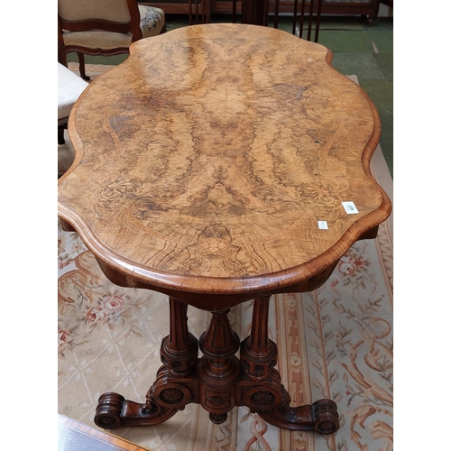 457 - 19th Century Inlaid Burr Walnut Centre Table on Double Scrolled Legs with Turned and Carved Stretche... 