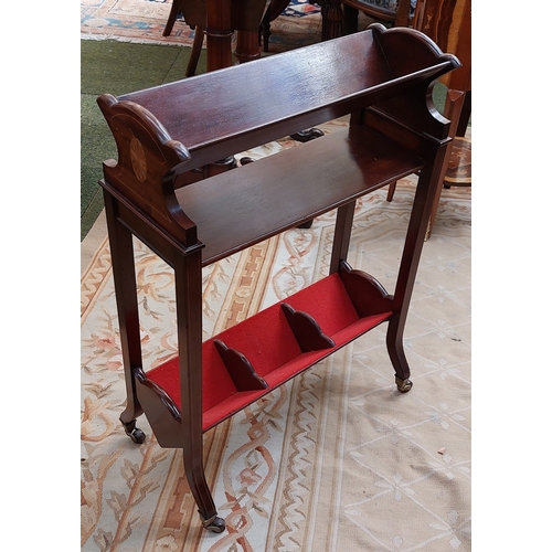 459 - Edwardian Neat Inlaid Mahogany 2-Tier Book Trough on Brass & Ceramic castors - C. 53cm W x 20cm D x ... 