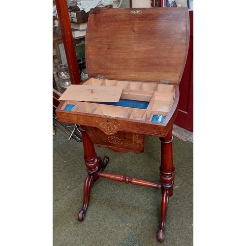 462 - Burr Walnut Inlaid Sewing / Work Box on Scrolled Legs and Stretcher Base