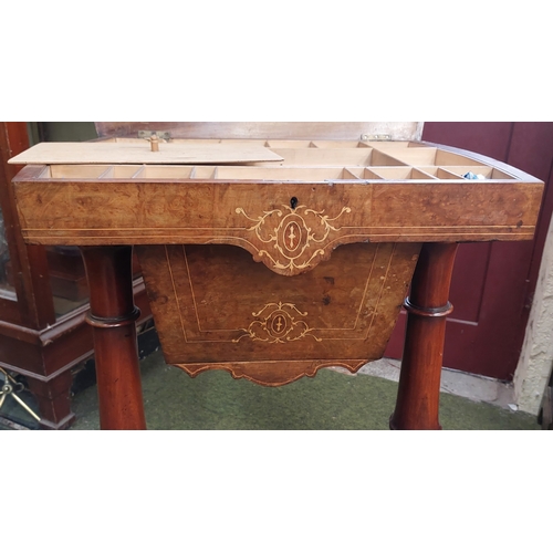 462 - Burr Walnut Inlaid Sewing / Work Box on Scrolled Legs and Stretcher Base