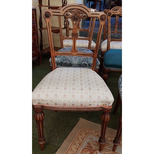 465 - 6 Victorian Carved Back Chairs with Mixed Complementary Coloured Fabric Covered Seats