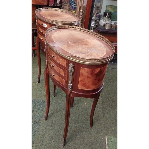 466 - Pair of French Style 3-Drawer Lockers / Lamp Tables with Brass Gallery Back - C. 43cm W x 31cm D x 7... 