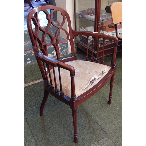 467 - Edwardian Carved Back Mahogany Inlaid Elbow Chair on Tapered Legs