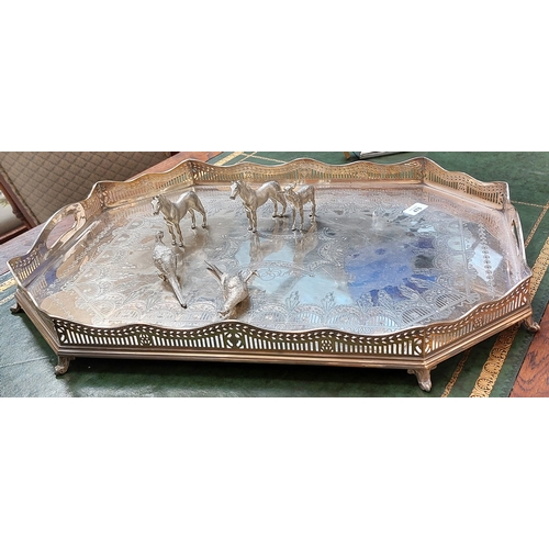 478 - Large Silver Plated Gallery Tray (61cm W x 43cm D) and Table Dressing Animals