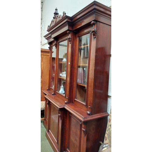 484 - Victorian Breakfront 3-Door Glazed Mahogany Bookcase - C. 188cm W x 55cm D x 260cm H