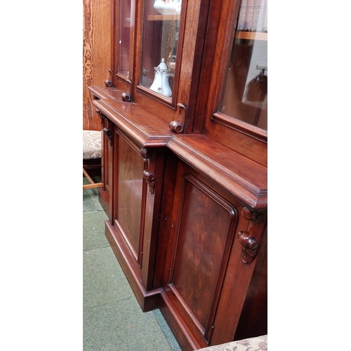 484 - Victorian Breakfront 3-Door Glazed Mahogany Bookcase - C. 188cm W x 55cm D x 260cm H