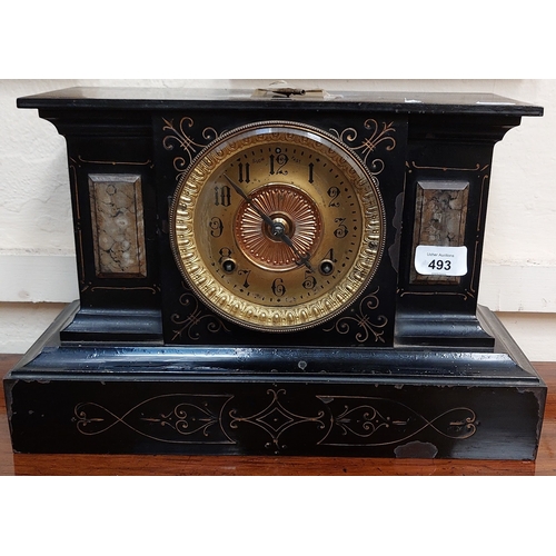 493 - Black Metal Lacquer Mantle Clock with Marble Style Inset and Painted Dial - C. 38cm W x 25cm H