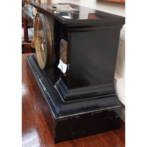 493 - Black Metal Lacquer Mantle Clock with Marble Style Inset and Painted Dial - C. 38cm W x 25cm H