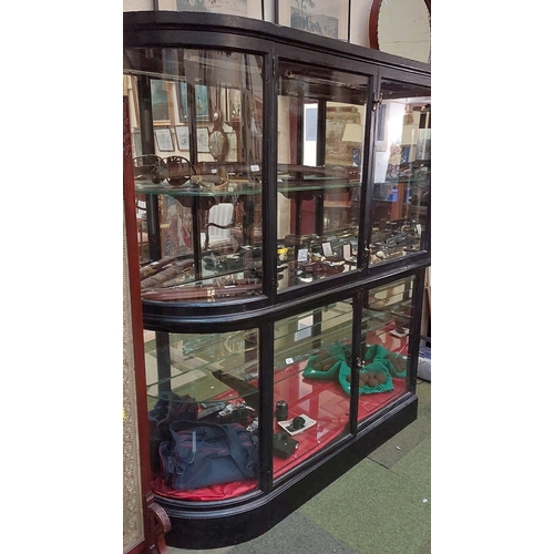 524 - Ebonised Mahogany Jewellers Rounded Glass Display Cabinet  - C. 157cm W x 42cm D x 178cm H