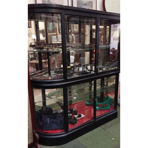 524 - Ebonised Mahogany Jewellers Rounded Glass Display Cabinet  - C. 157cm W x 42cm D x 178cm H