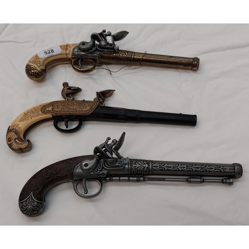 528 - 3 Reproduction Spanish Flintlock Style Pistols