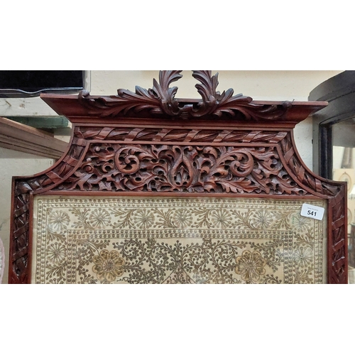 541 - Highly Carved Mahogany Freestanding Silk Inset Screen - C. 64cm W x 176cm H