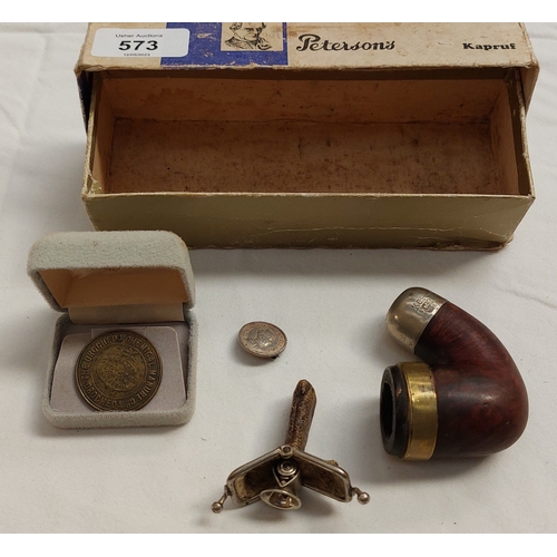 573 - Silver Mounted Pipe, Cigar Cutter, Edward VIII Pin, Souvenir Coin Drogheda Manure at the Irish Exhib... 