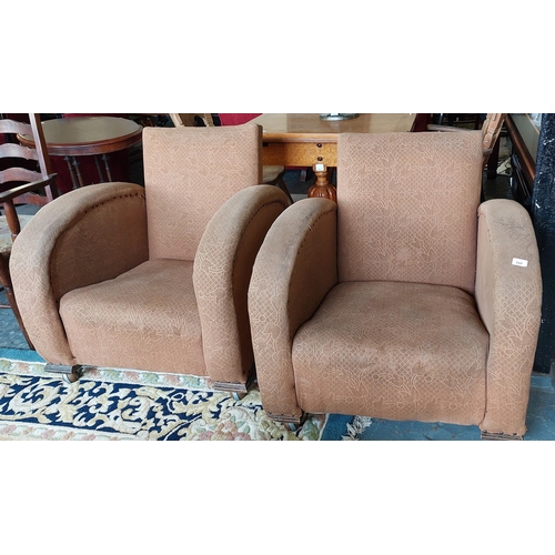 599 - Pair of Mid Century Upholstered Curved Arm Armchairs