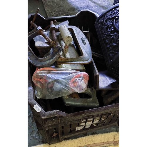 618 - Crate of Vintage Tools in Black Crate inc. Stanley Planes, Clamps, Saws, Spoke Shaves etc