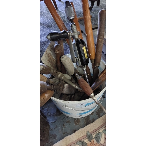 619 - Bucket of Vintage Hand Tools inc. Braces, Bits. Long Handle Turning Chisels etc