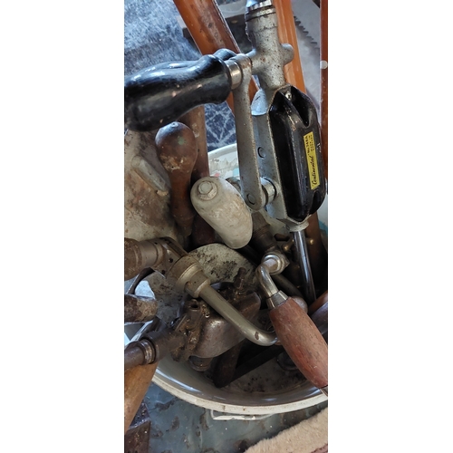 619 - Bucket of Vintage Hand Tools inc. Braces, Bits. Long Handle Turning Chisels etc