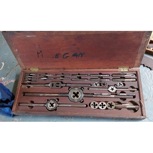 620 - 2 Vintage Tap & Die Cased Sets, Cross Cut Saw, Pipe Cutter, Large Right Angle Tool