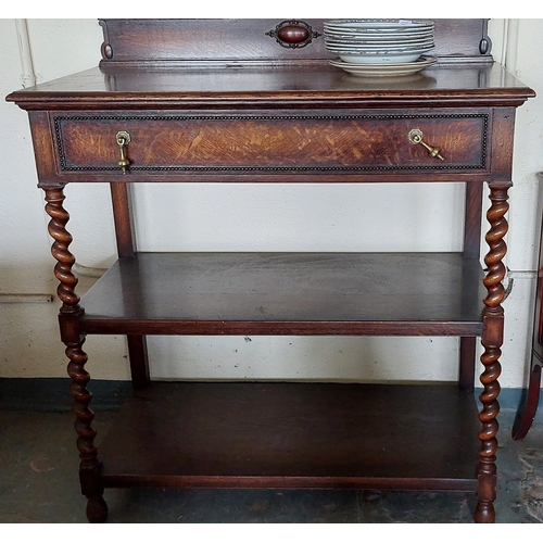 633 - Victorian Oak 3-Tier Dumb Waiter with Barley Twist Supports and Brass Handled Drawer to Front - C. 1... 