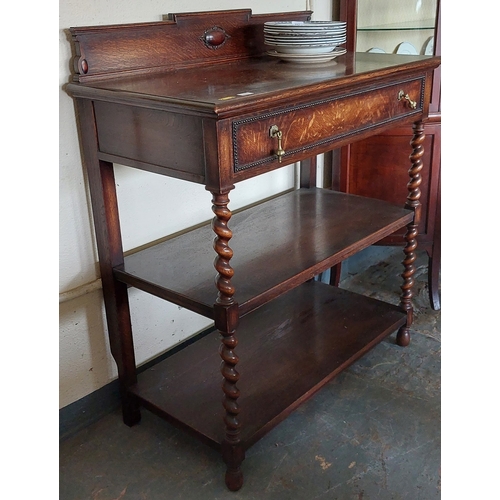 633 - Victorian Oak 3-Tier Dumb Waiter with Barley Twist Supports and Brass Handled Drawer to Front - C. 1... 