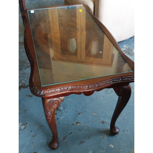 677 - Carved Mahogany Coffee Table with Glass Protector - C. 92cm W x 50cm D x 47cm H