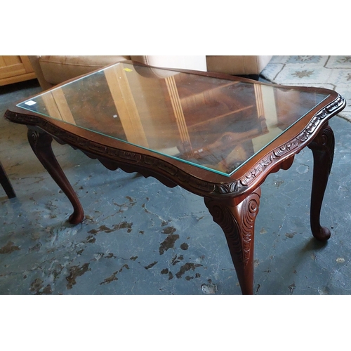 677 - Carved Mahogany Coffee Table with Glass Protector - C. 92cm W x 50cm D x 47cm H