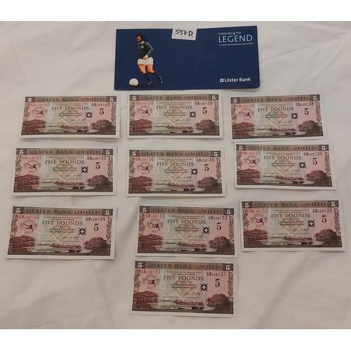 537D - 10 x George Best £5 Ulster Bank Commemorative Notes. Uncirculated Mint Condition Consecutive Numbers... 