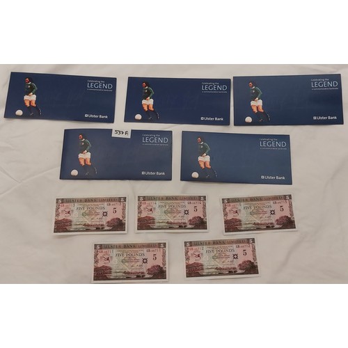 537F - 5 x George Best £5 Ulster Bank Commemorative Notes. Uncirculated Mint Condition Consecutive Numbers.... 